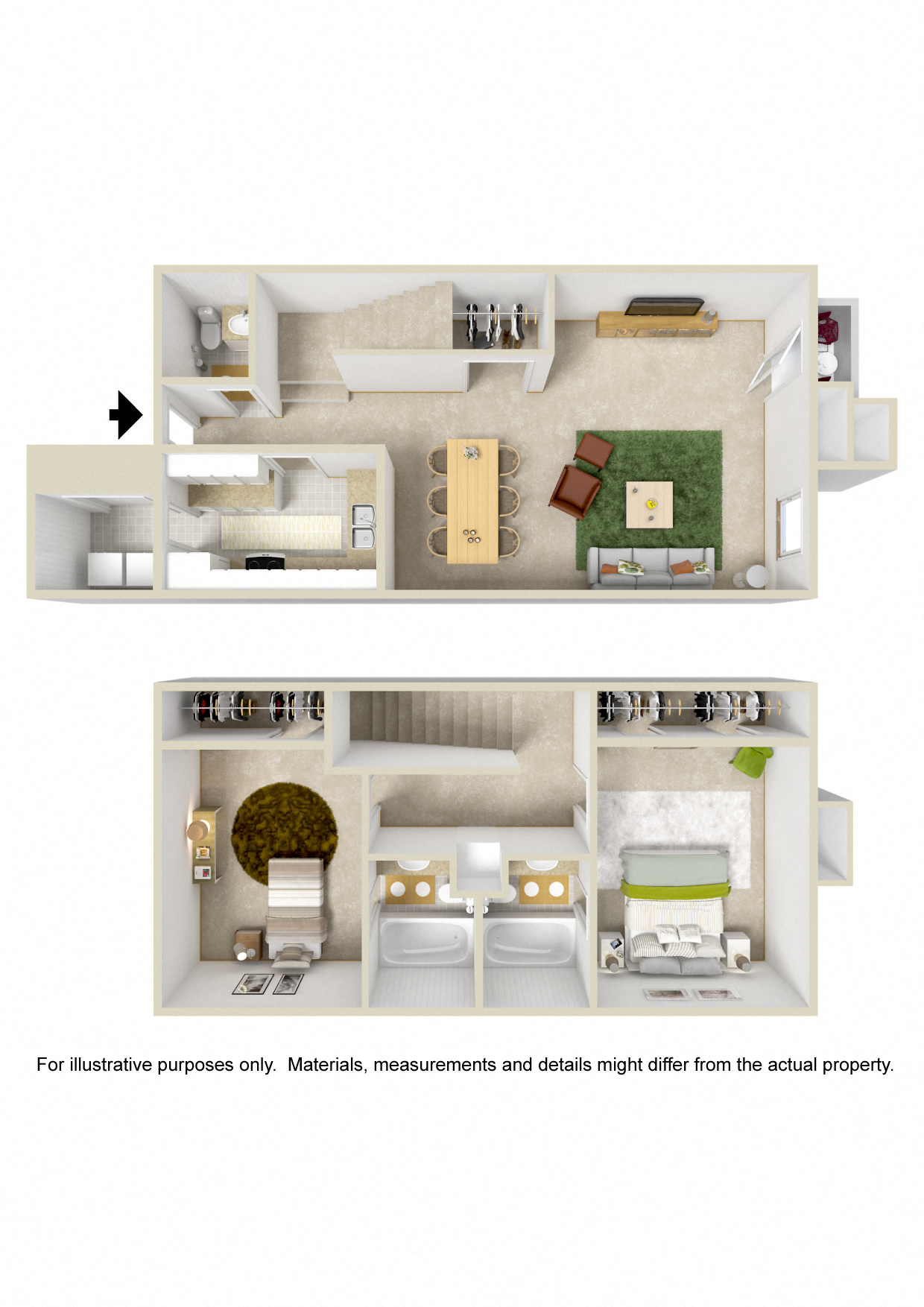 Floor plan for 2 beds, 2.5 baths, 1160 sqft
